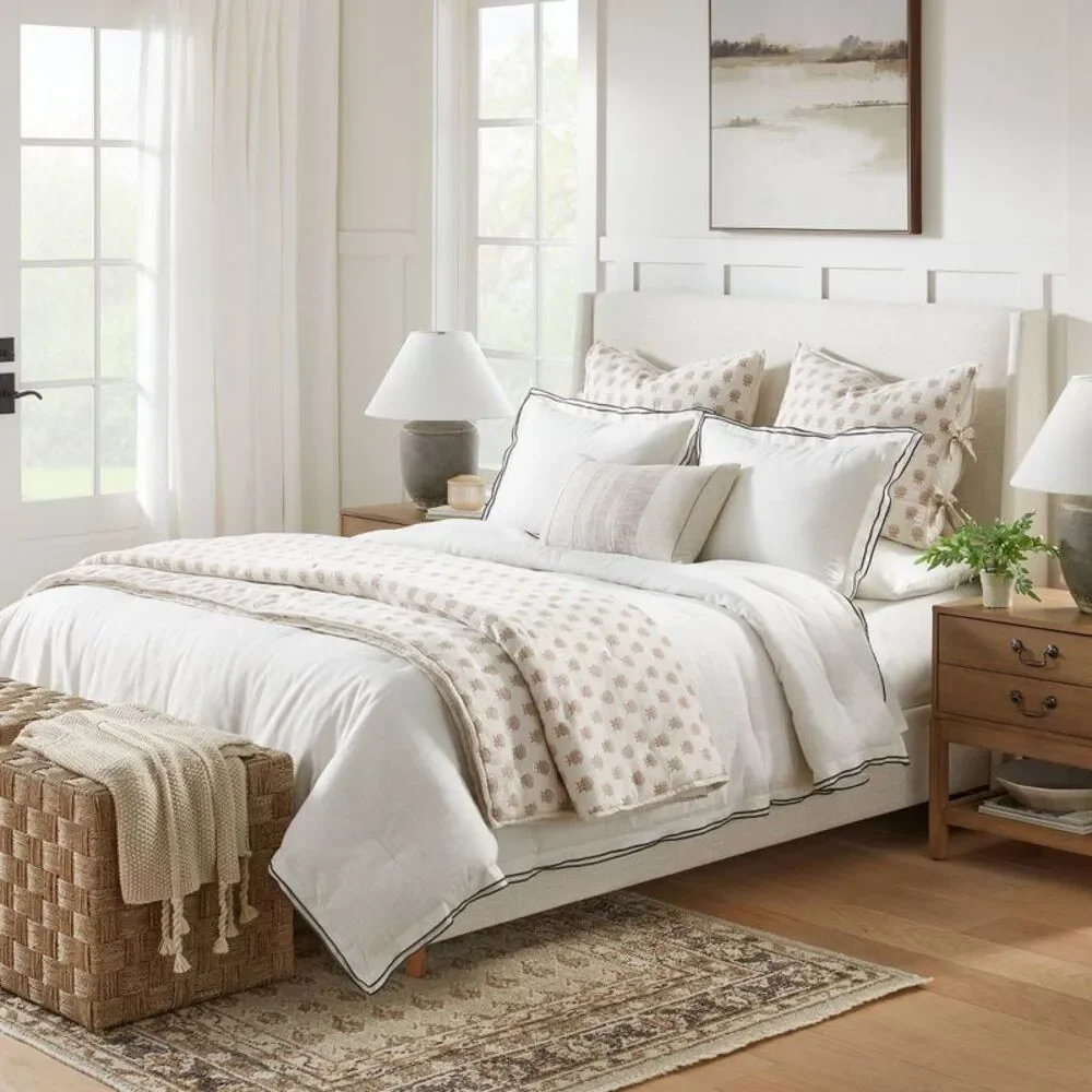 Full/Queen Double Flange Merrow Stitch Comforter Set - White/Dark Gray